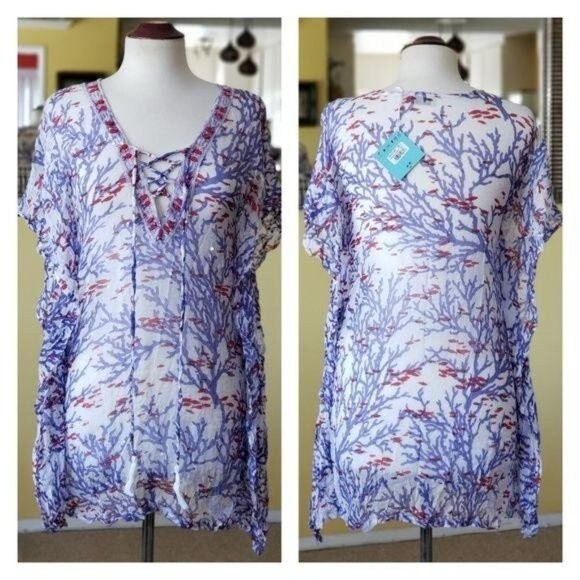 Letarte Silk Sheer Fish and Coral Print Lace Up Swim Coverup with Beads/Sequins - Picture 1 of 7